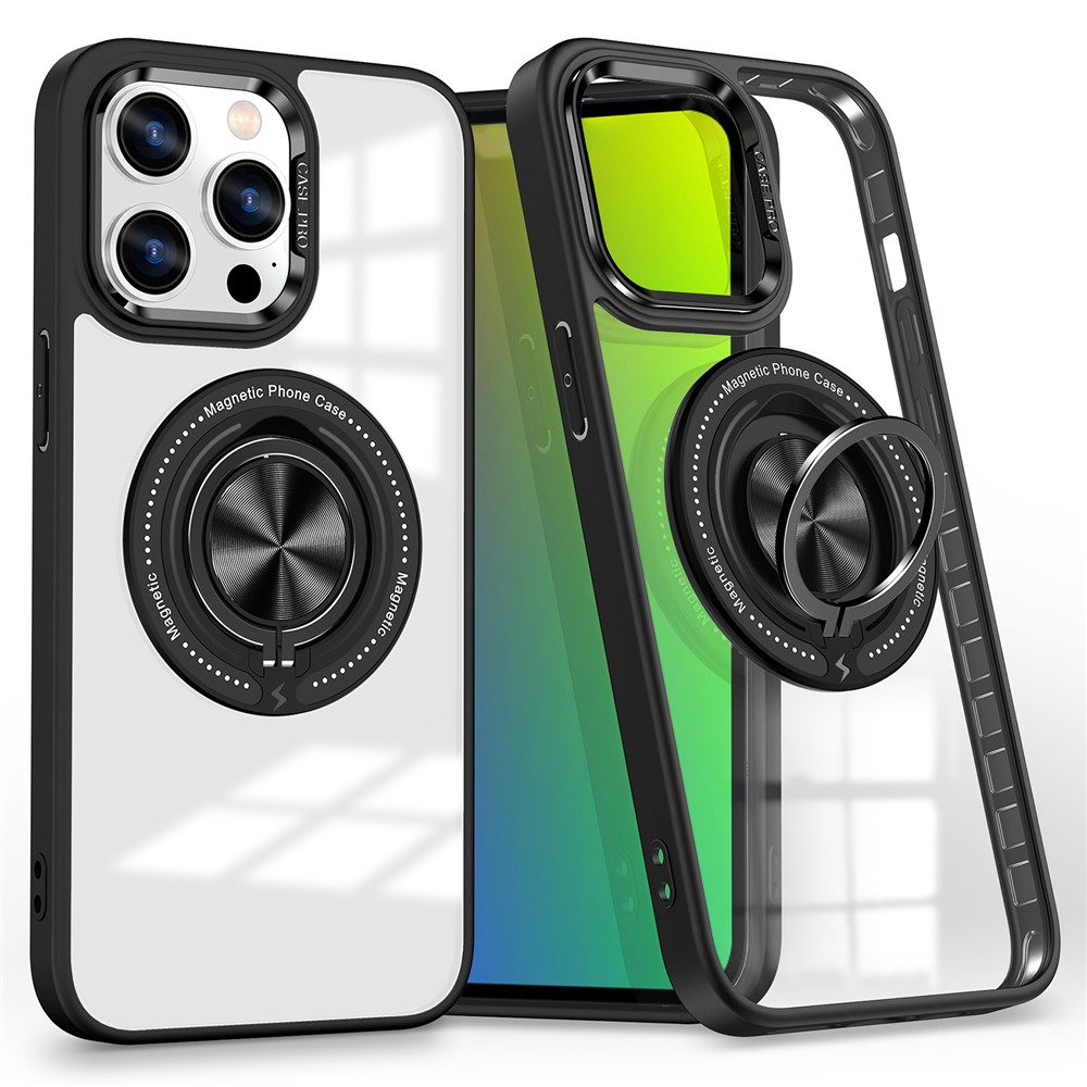 For iPhone 14 Pro Magnetic Phone Case Transparent PC+TPU Kickstand Phone Cover - Black