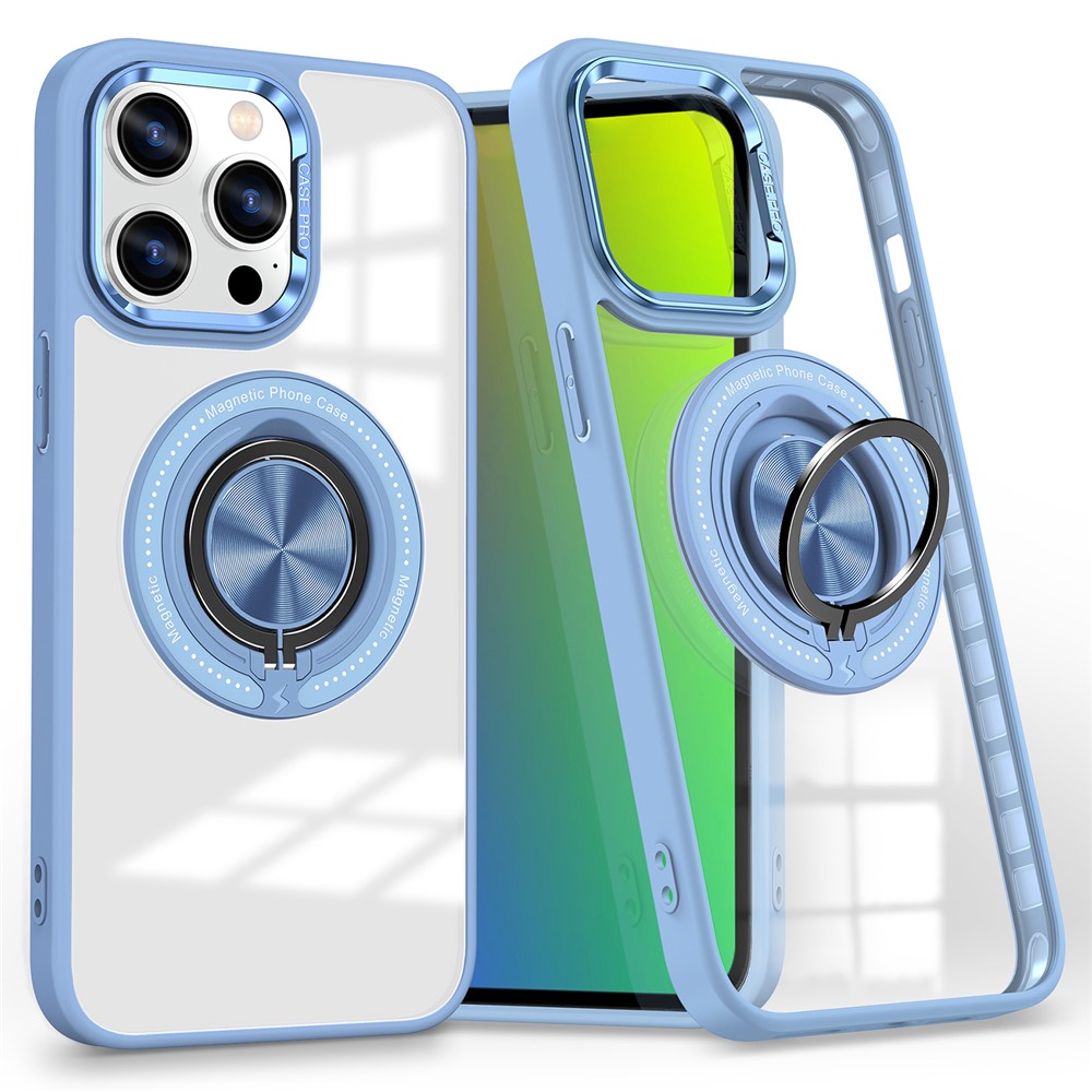 For iPhone 14 Pro Magnetic Phone Case Transparent PC+TPU Kickstand Phone Cover - Baby Blue