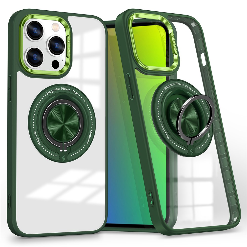 For iPhone 14 Pro Magnetic Phone Case Transparent PC+TPU Kickstand Phone Cover - Blackish Green