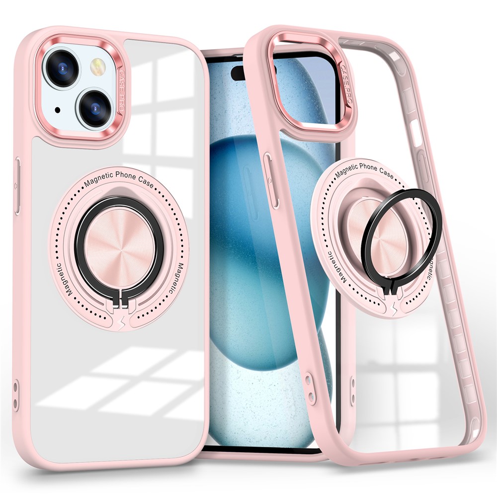 For iPhone 14 Plus Case Magnetic Kickstand TPU Frame Hard PC Clear Phone Cover - Pink
