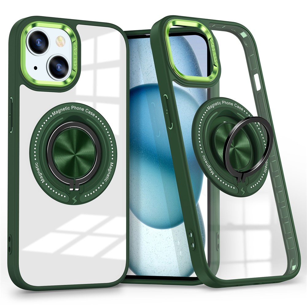 For iPhone 13  /  14 Case Compatible with MagSafe PC+TPU Kickstand Clear Phone Cover - Blackish Green