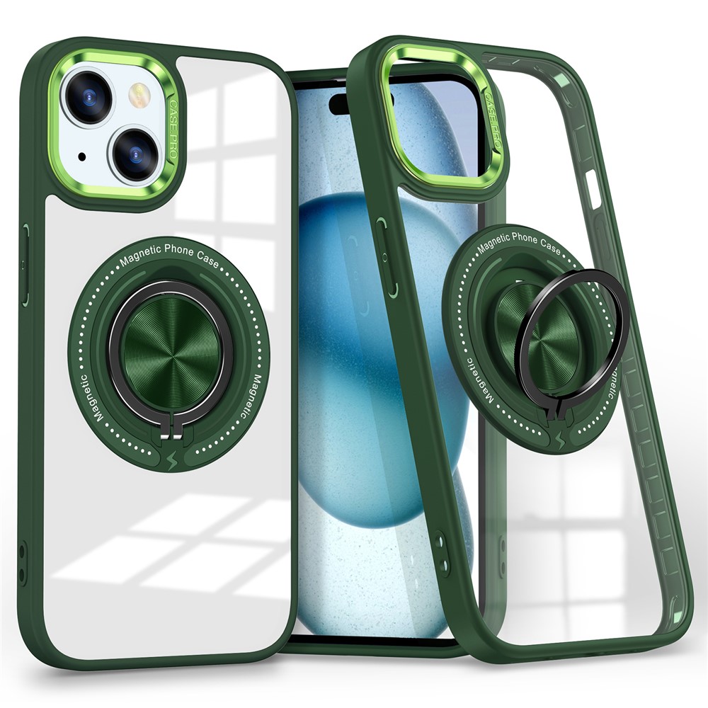 For iPhone 15 Case Compatible with MagSafe PC+TPU Kickstand Transparent Phone Cover -  Blackish Green