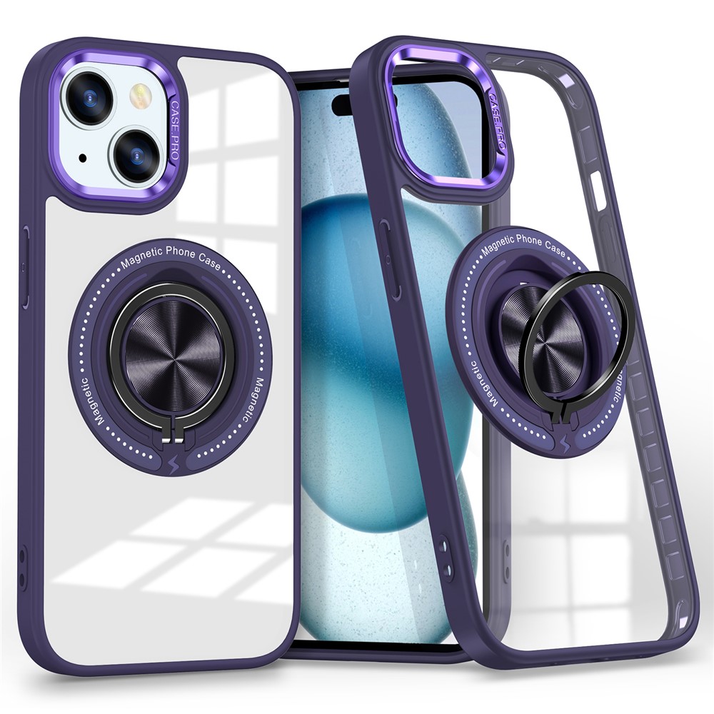 For iPhone 15 Case Compatible with MagSafe PC+TPU Kickstand Transparent Phone Cover -  Dark Purple