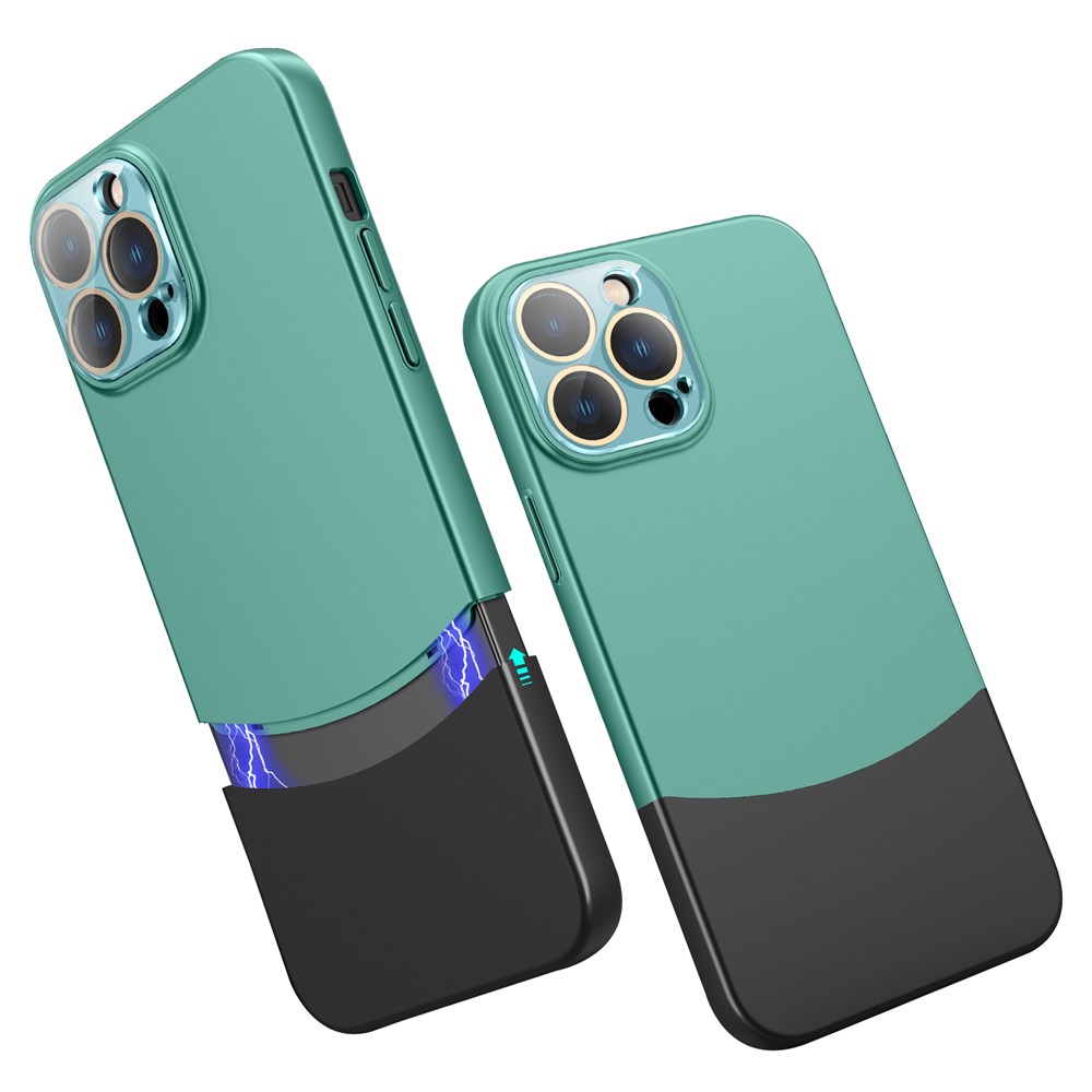 For iPhone 14 Pro Phone Case Splicing Colors Detachable 2-In-1 PC Phone Cover with Glass Lens Film - Army Green