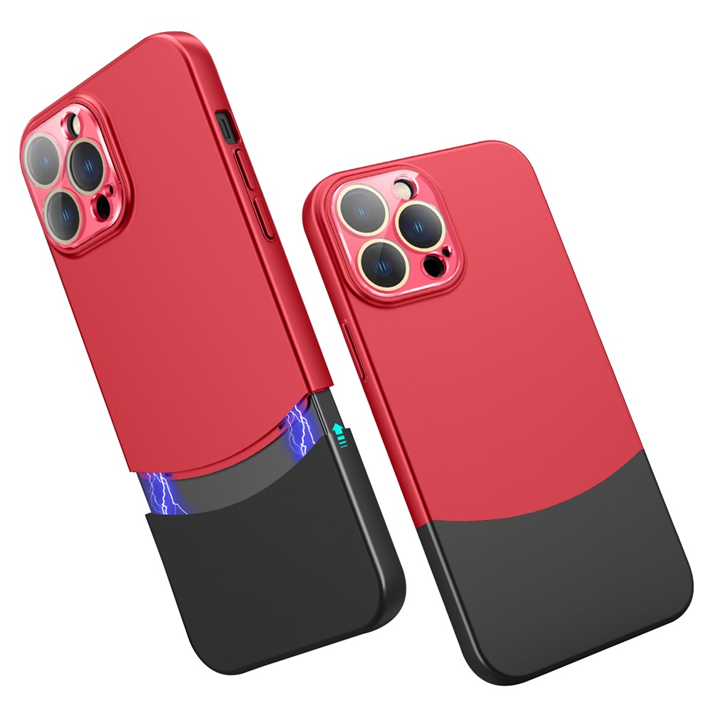 For iPhone 14 Pro Phone Case Splicing Colors Detachable 2-In-1 PC Phone Cover with Glass Lens Film - Red