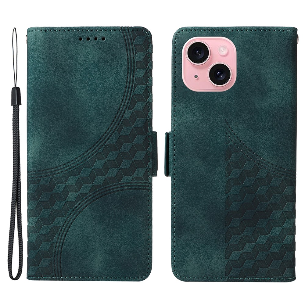For iPhone 15 Leather Cases Wallet Rhombus Imprinted Phone Cover Stand with Strap - Green