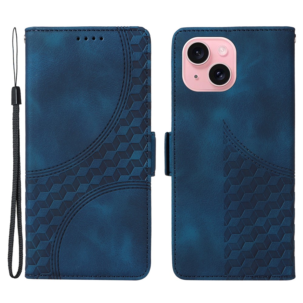 For iPhone 15 Leather Cases Wallet Rhombus Imprinted Phone Cover Stand with Strap - Blue