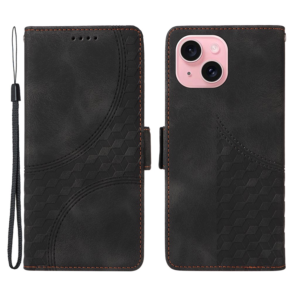 For iPhone 15 Leather Cases Wallet Rhombus Imprinted Phone Cover Stand with Strap - Black