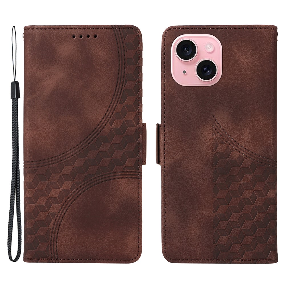 For iPhone 15 Leather Cases Wallet Rhombus Imprinted Phone Cover Stand with Strap - Brown