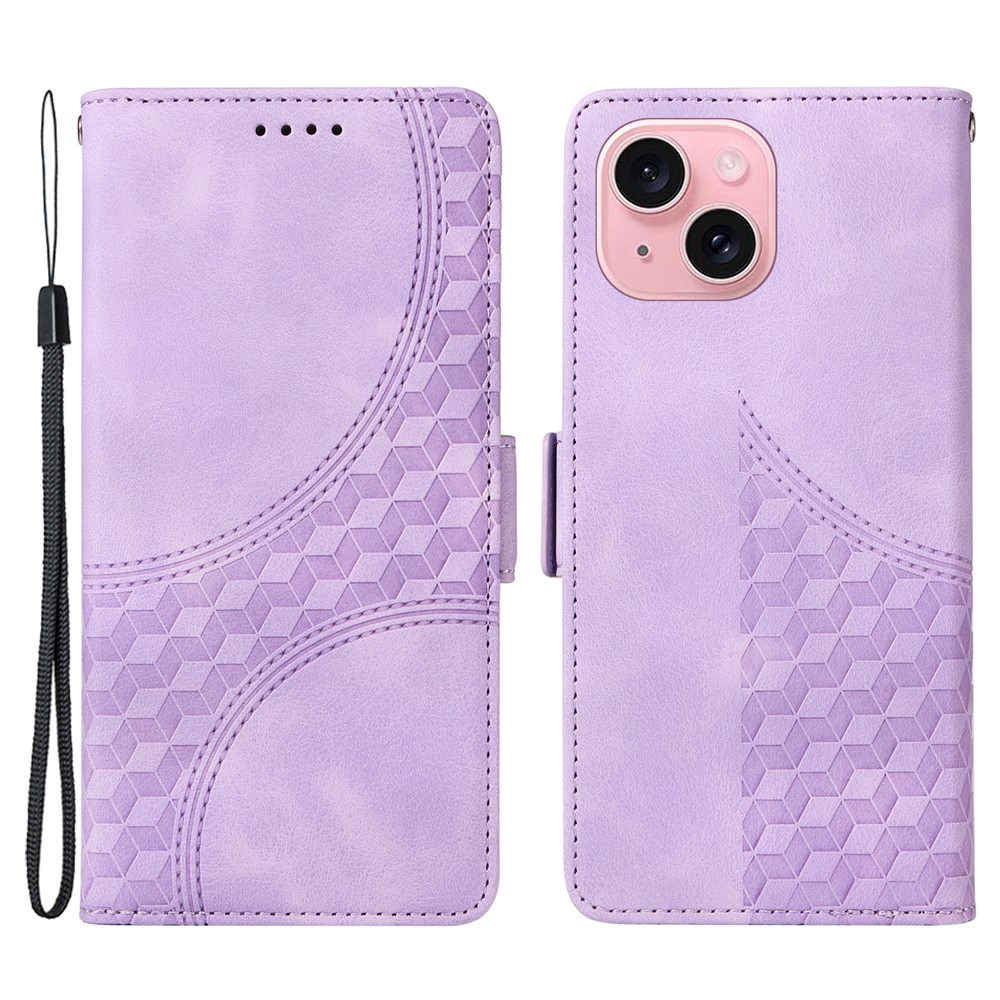 For iPhone 15 Leather Cases Wallet Rhombus Imprinted Phone Cover Stand with Strap - Purple