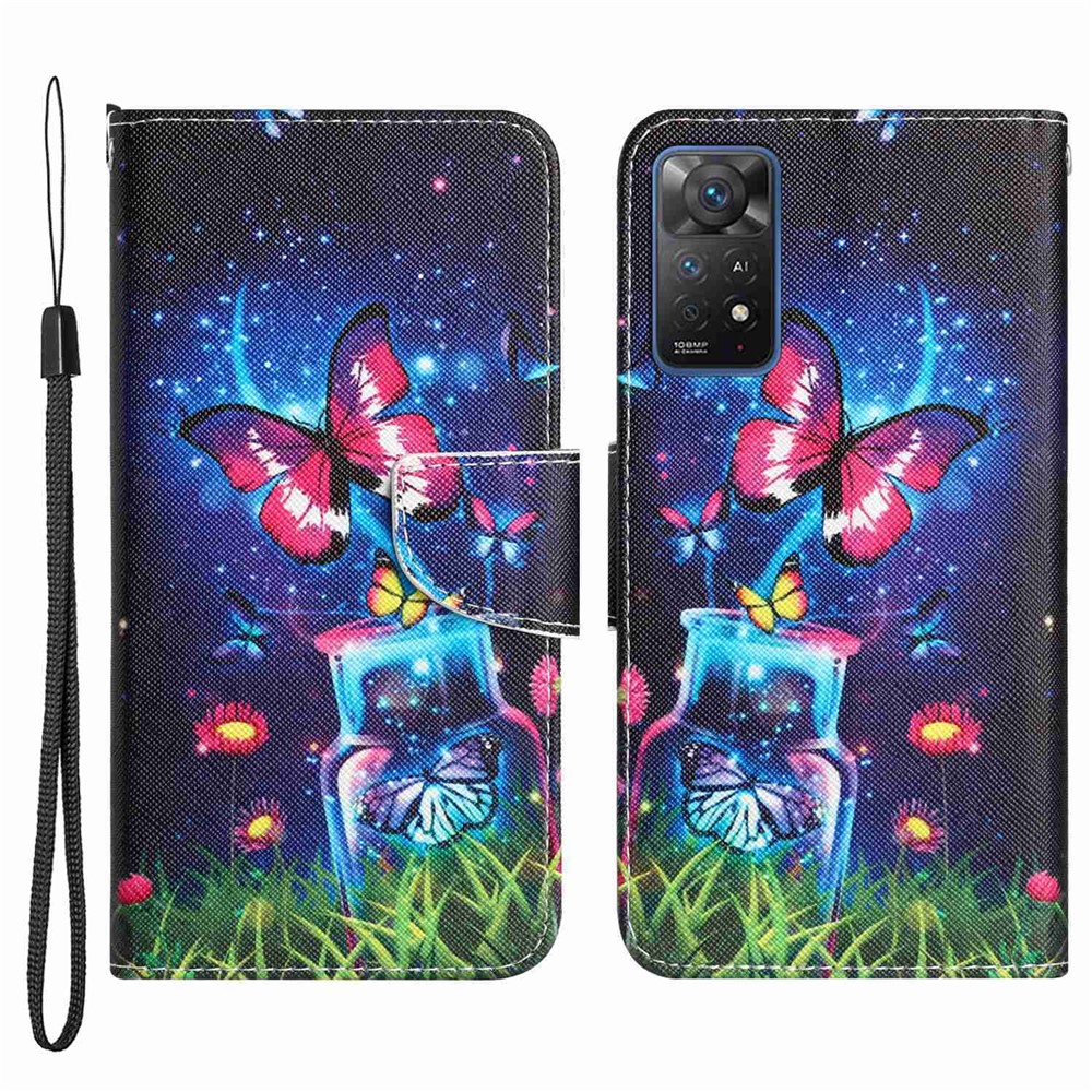 For Xiaomi Redmi Note 11 Pro 4G (MediaTek) / Note 11 Pro 5G (Qualcomm) Cross Texture Pattern Printing Leather Phone Case Stand Wallet Cover - Bottle / Butterfly-1