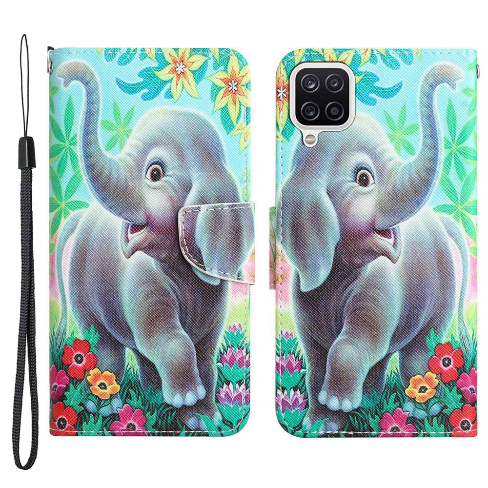 For Samsung Galaxy A12 Cross Texture Full Protection Stand Wallet Case Pattern Printing PU Leather Phone Cover - Elephant-1