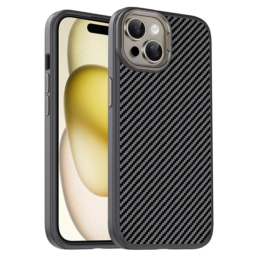 IPAKY For iPhone 15 Plus TPU Case Carbon Fiber Texture Phone Cover Metal Lens Frame - Grey
