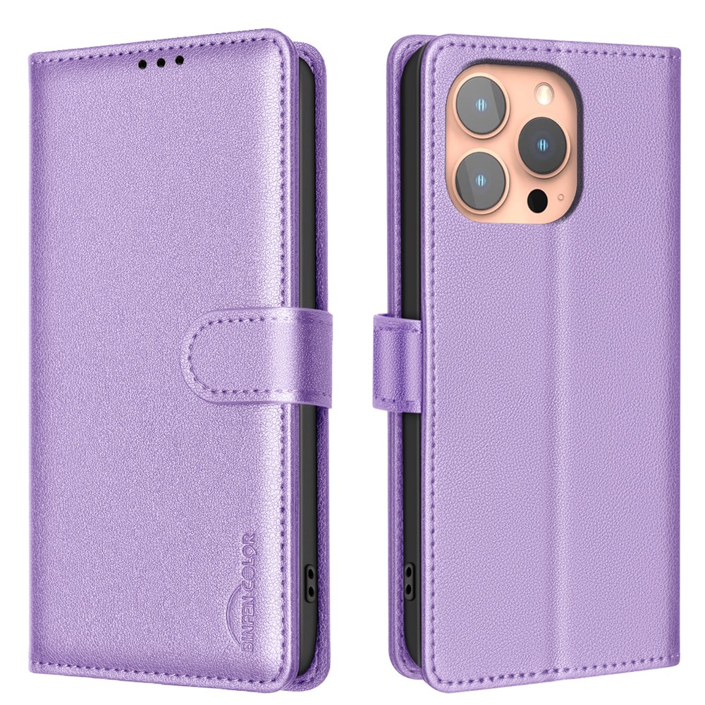 BINFEN COLOR BF32 For iPhone 13 Pro Max Case Litchi Texture RFID Blocking Leather Phone Cover - Purple