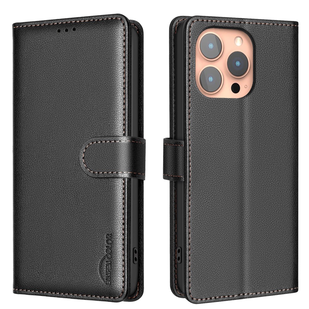 BINFEN COLOR BF32 For iPhone 13 Pro Case RFID Blocking PU Leather Shockproof Phone Cover - Black