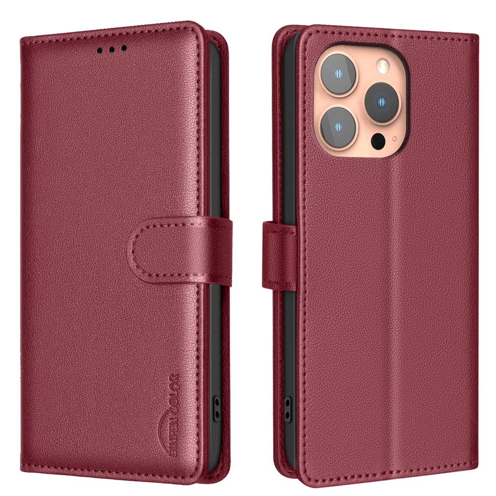 BINFEN COLOR BF32 For iPhone 13 Pro Case RFID Blocking PU Leather Shockproof Phone Cover - Red