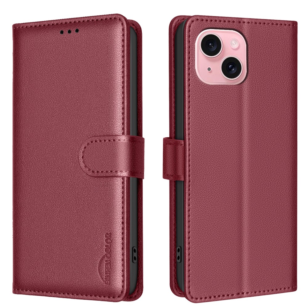 BINFEN COLOR BF32 For iPhone 13 / 14 Case RFID Blocking Litchi Texture Leather Cover - Red