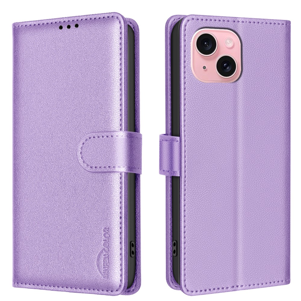 BINFEN COLOR BF32 For iPhone 13 / 14 Case RFID Blocking Litchi Texture Leather Cover - Purple