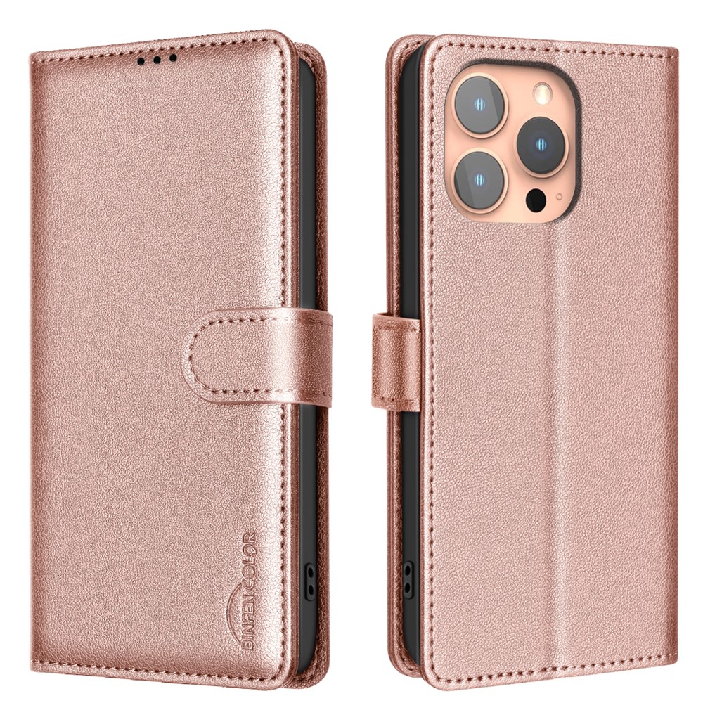 BINFEN COLOR BF32 For iPhone 14 Pro Case RFID Blocking Leather Drop-proof Phone Cover - Rose Gold