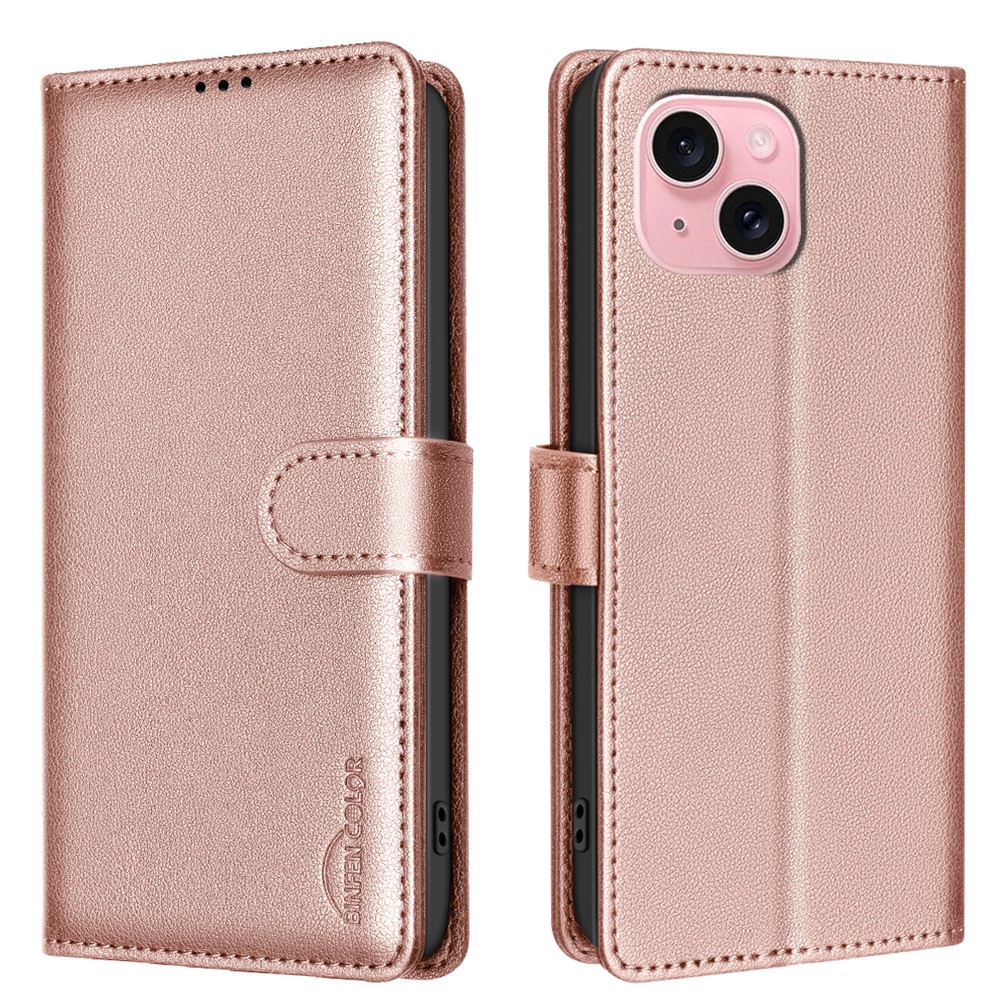 BINFEN COLOR BF32 For iPhone 14 Plus / 15 Plus Case RFID Blocking Card Holder Wallet Leather Phone Cover - Rose Gold