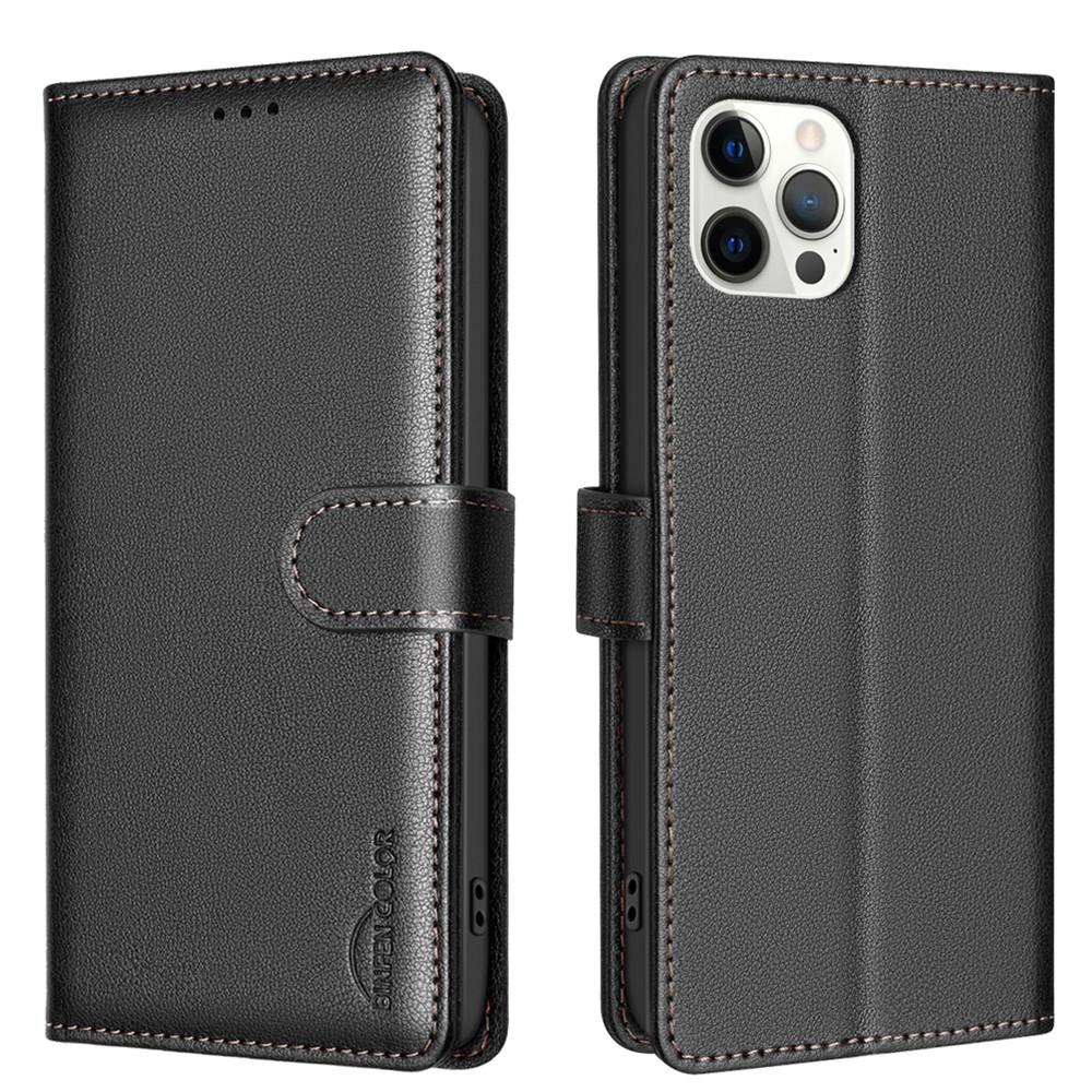 BINFEN COLOR BF32 For iPhone 12 / 12 Pro Phone Case Litchi Texture RFID Blocking Leather Phone Cover - Black