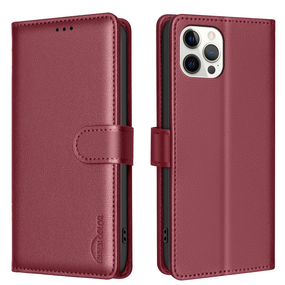 BINFEN COLOR BF32 For iPhone 12 / 12 Pro Phone Case Litchi Texture RFID Blocking Leather Phone Cover - Red