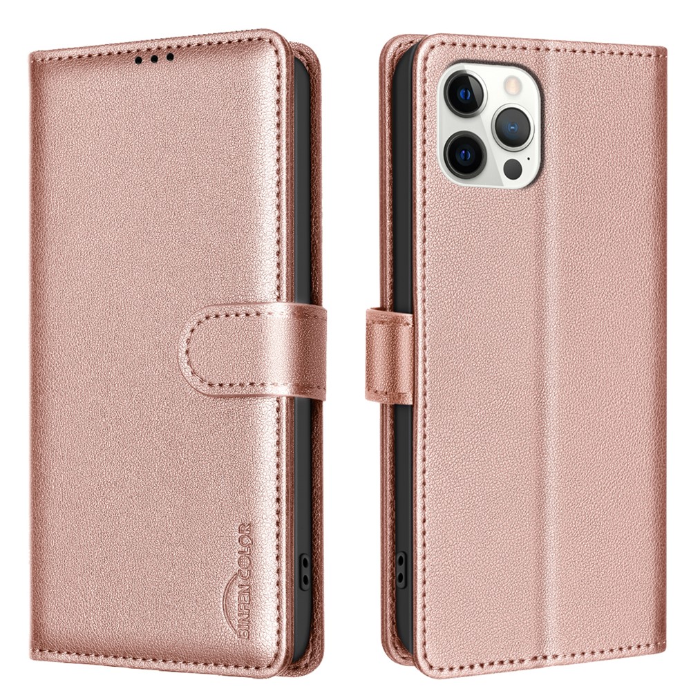 BINFEN COLOR BF32 For iPhone 12 / 12 Pro Phone Case Litchi Texture RFID Blocking Leather Phone Cover - Rose Gold