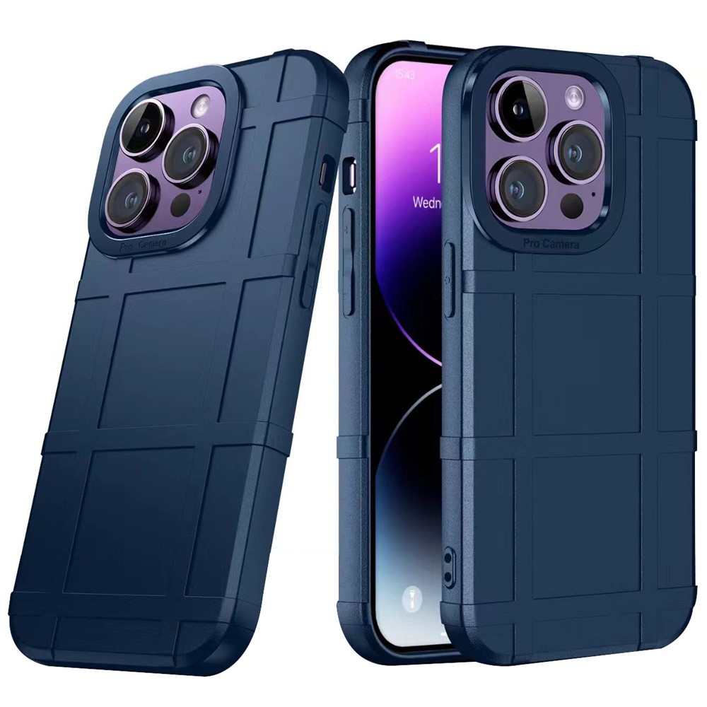 For iPhone 14 Pro Drop Protection TPU Phone Cover Square Grid Leather Texture Phone Case - Blue