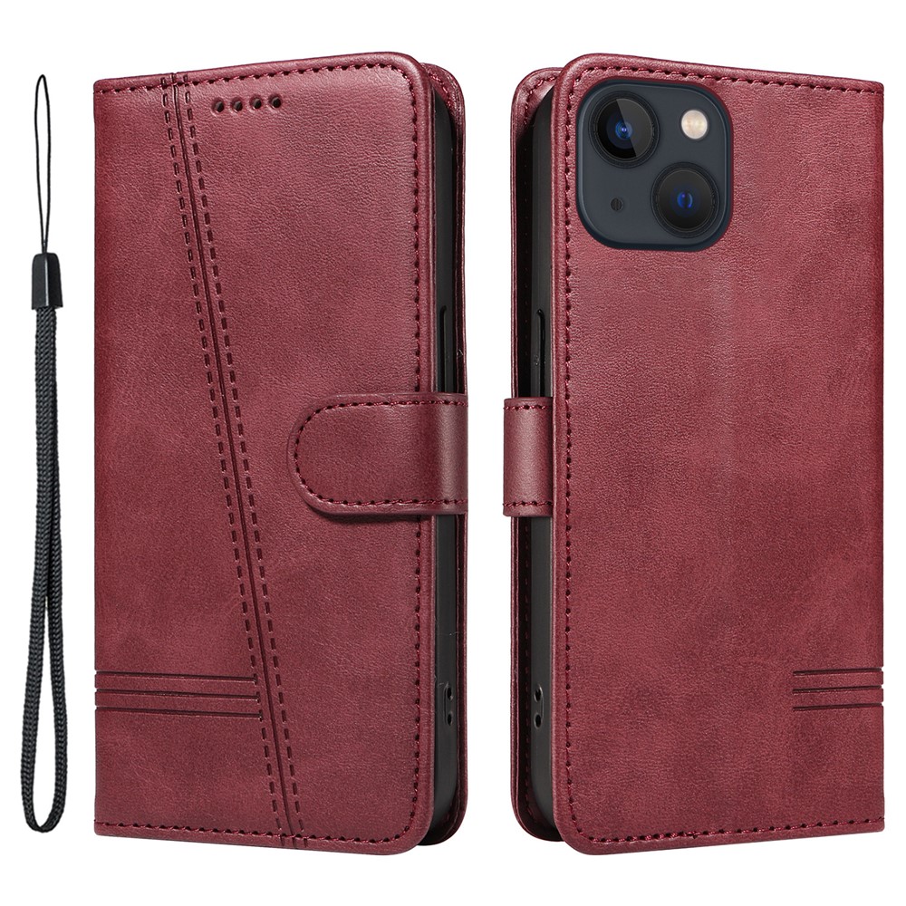 For iPhone 13 Case PU Leather Wallet Card Slots Protective Phone Cover - Wine Red