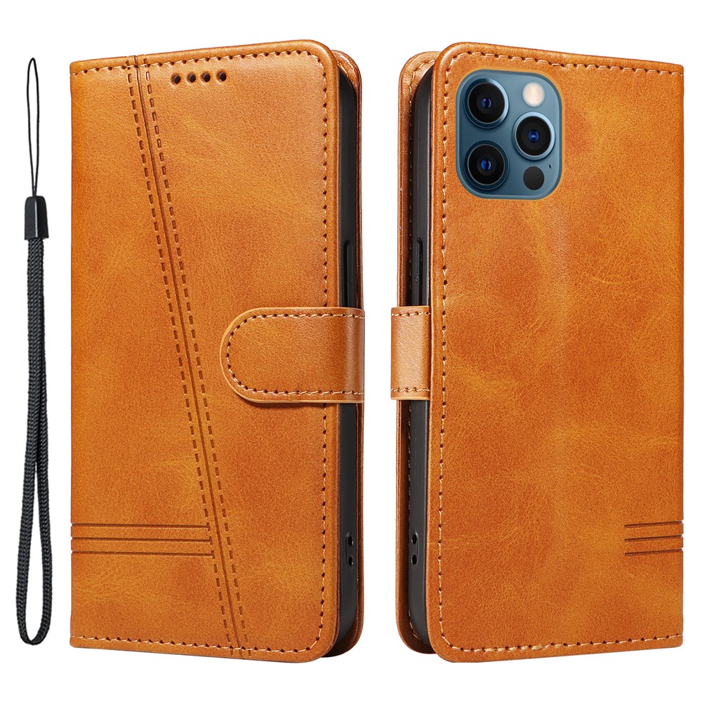 For iPhone 12 / 12 Pro Anti-Scratch Phone Case Imprinted Line PU Leather Cover Wallet with Wrist Strap - Yellow