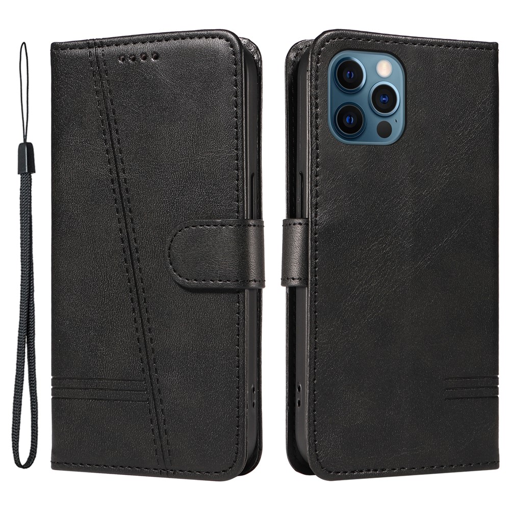 For iPhone 12 / 12 Pro Anti-Scratch Phone Case Imprinted Line PU Leather Cover Wallet with Wrist Strap - Black