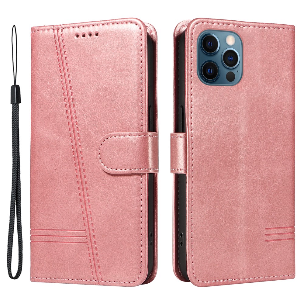 For iPhone 12 / 12 Pro Anti-Scratch Phone Case Imprinted Line PU Leather Cover Wallet with Wrist Strap - Rose Gold