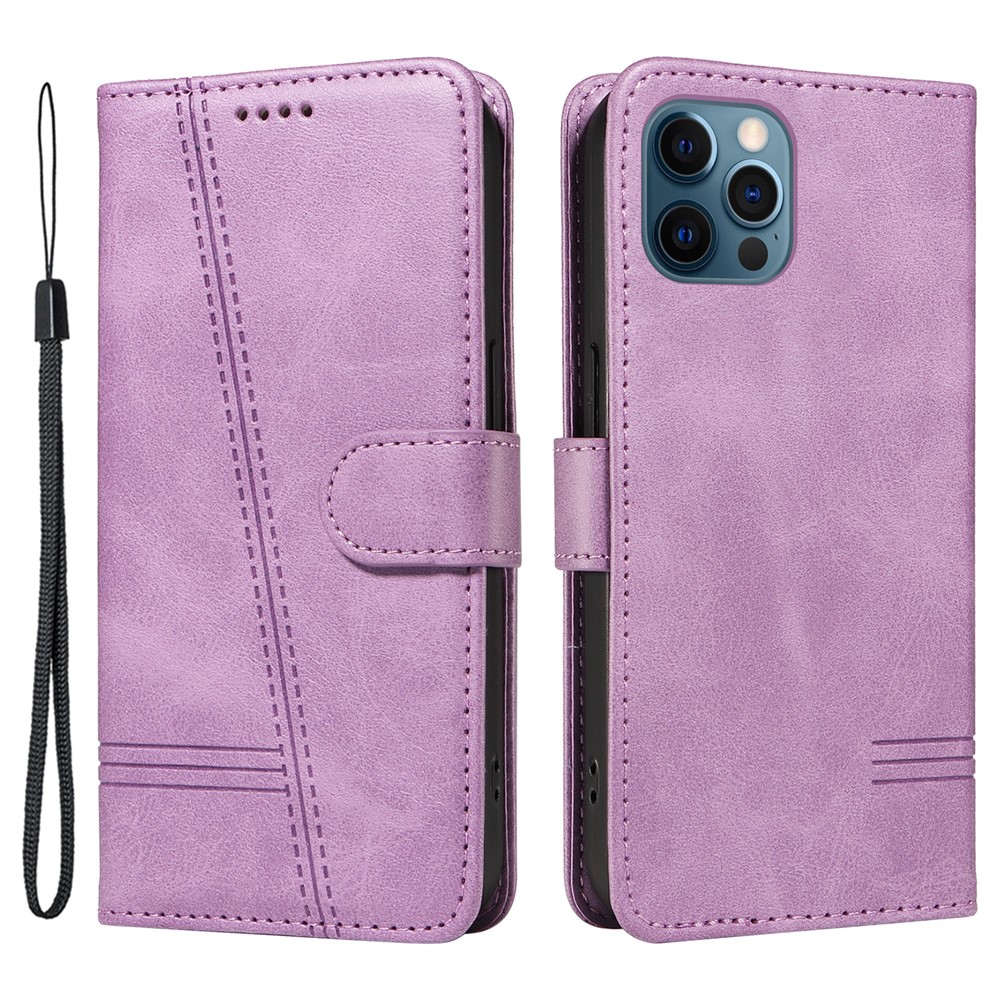 For iPhone 12 / 12 Pro Anti-Scratch Phone Case Imprinted Line PU Leather Cover Wallet with Wrist Strap - Light Purple