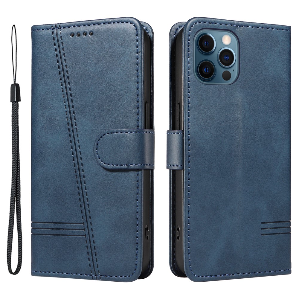 For iPhone 12 / 12 Pro Anti-Scratch Phone Case Imprinted Line PU Leather Cover Wallet with Wrist Strap - Blue
