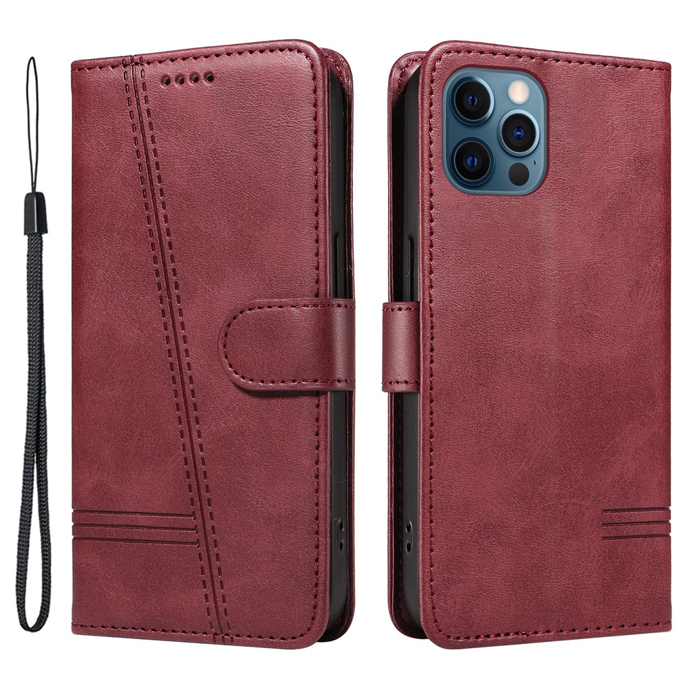 For iPhone 12 / 12 Pro Anti-Scratch Phone Case Imprinted Line PU Leather Cover Wallet with Wrist Strap - Wine Red