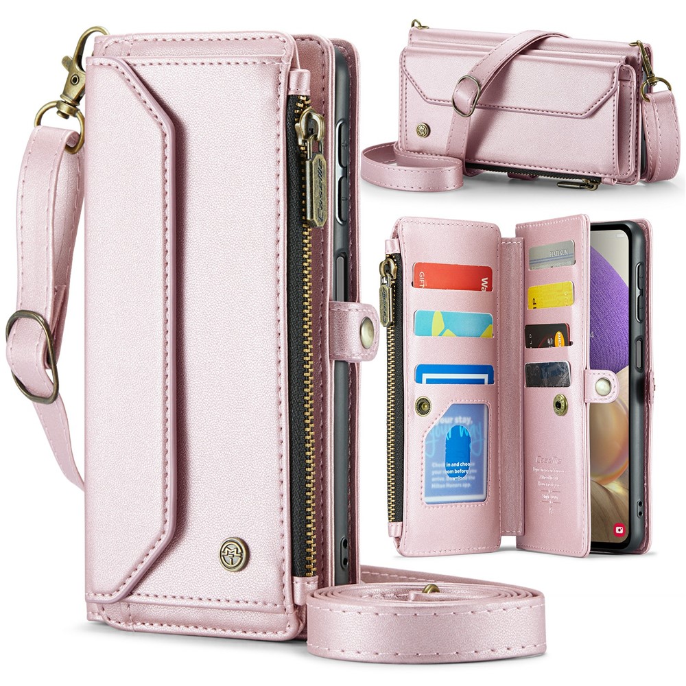 For Samsung Galaxy A32 5G / M32 5G Leather Case CASEME C36 Zipper Multiple Card Slots Phone Cover with Straps - Pink