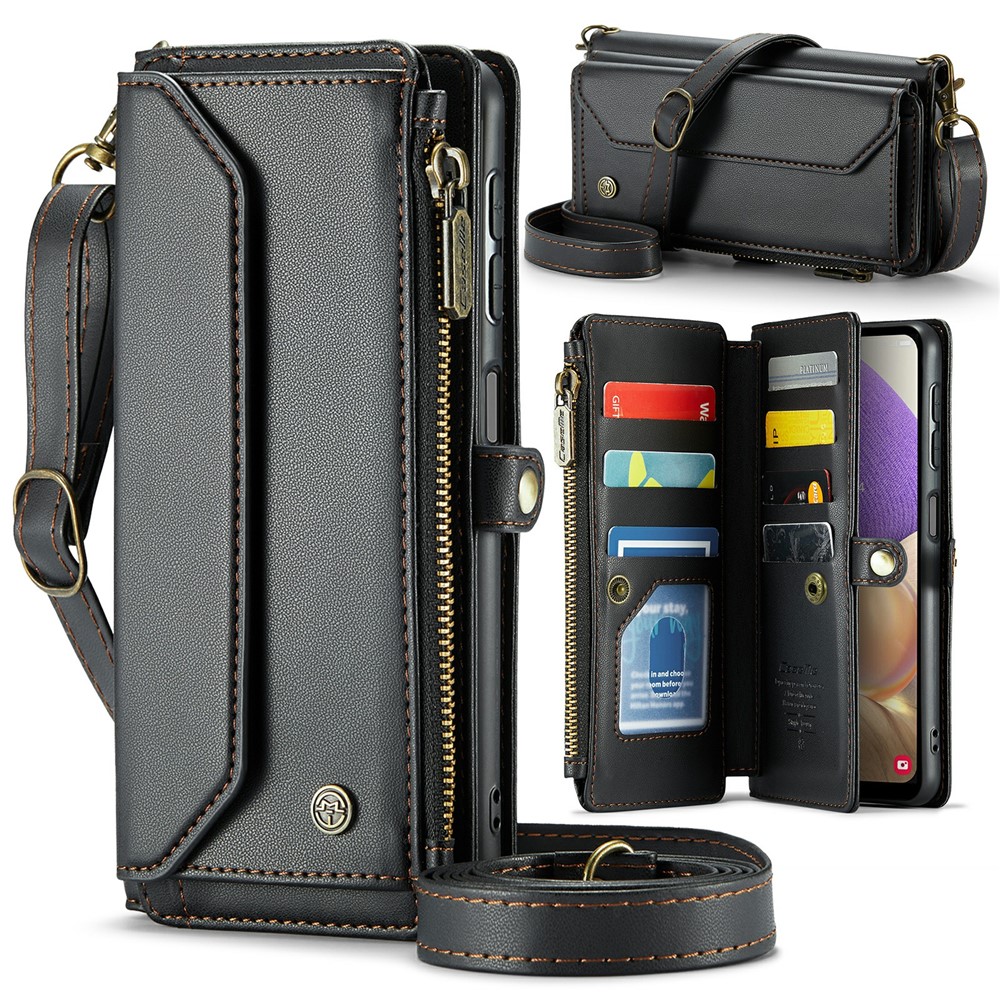 For Samsung Galaxy A32 5G / M32 5G Leather Case CASEME C36 Zipper Multiple Card Slots Phone Cover with Straps - Black