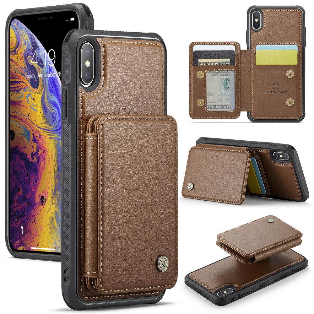JEEHOOD J05 For iPhone XS Max Case Leather Mobile Cover with Detachable Magnetic Card Bag - Brown