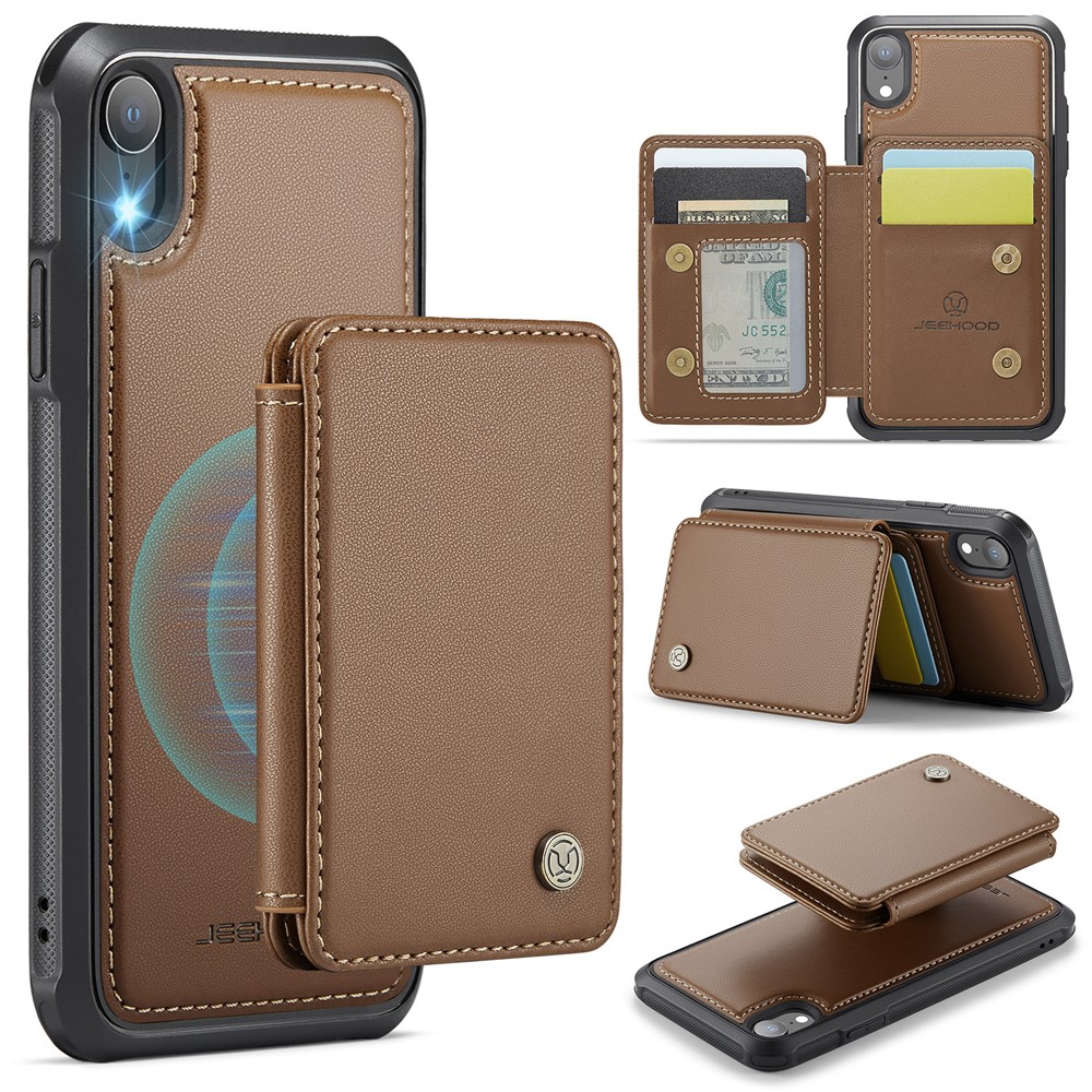 JEEHOOD J05 For iPhone XR Case Leather Mobile Cover with Detachable Magnetic Card Bag - Brown