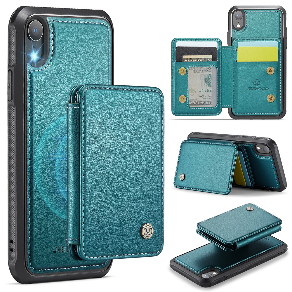 JEEHOOD J05 For iPhone XR Case Leather Mobile Cover with Detachable Magnetic Card Bag - Cyan