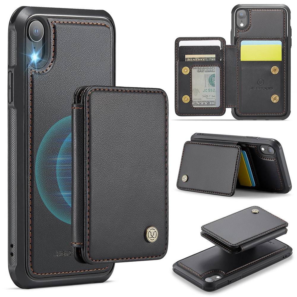 JEEHOOD J05 For iPhone XR Case Leather Mobile Cover with Detachable Magnetic Card Bag - Black