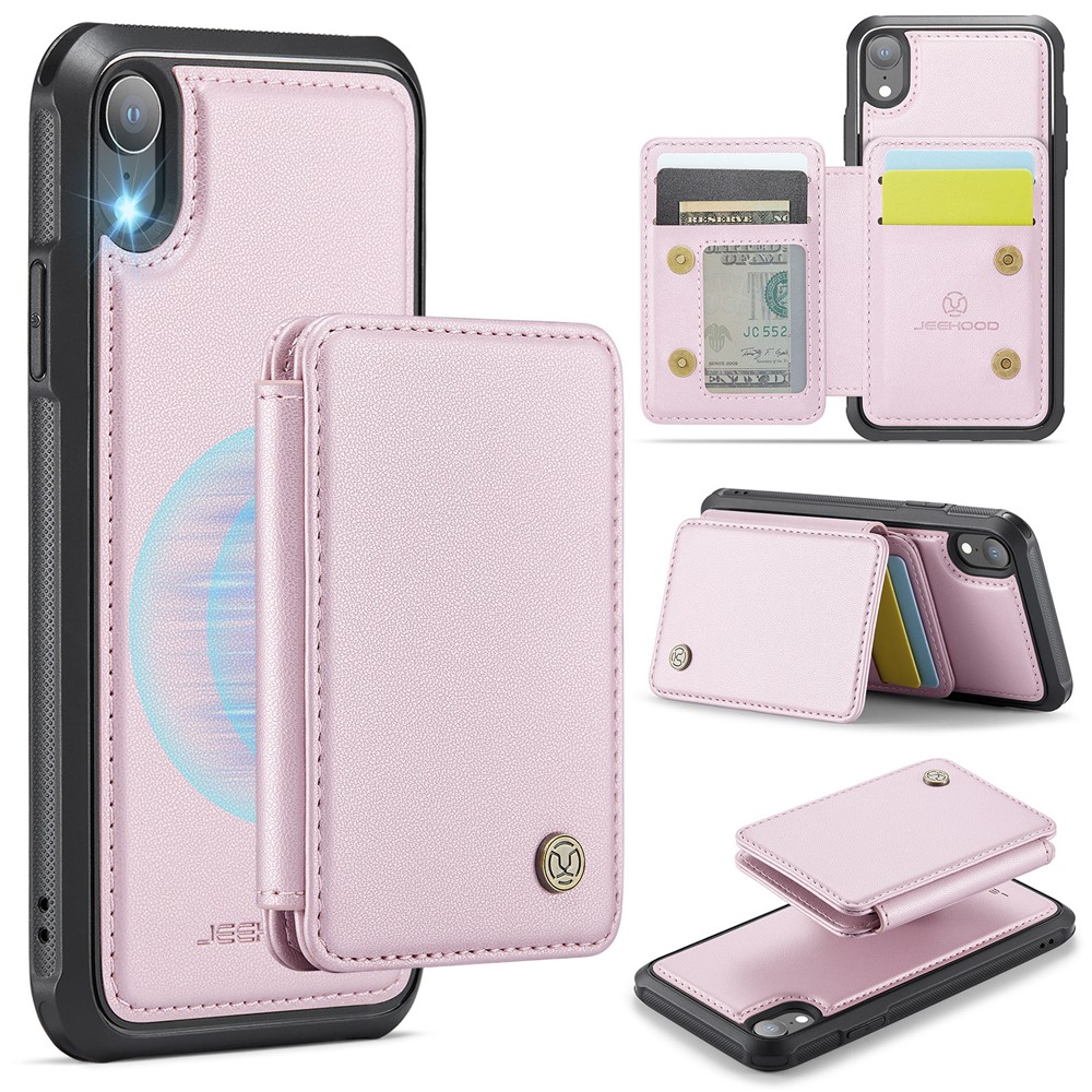 JEEHOOD J05 For iPhone XR Case Leather Mobile Cover with Detachable Magnetic Card Bag - Pink