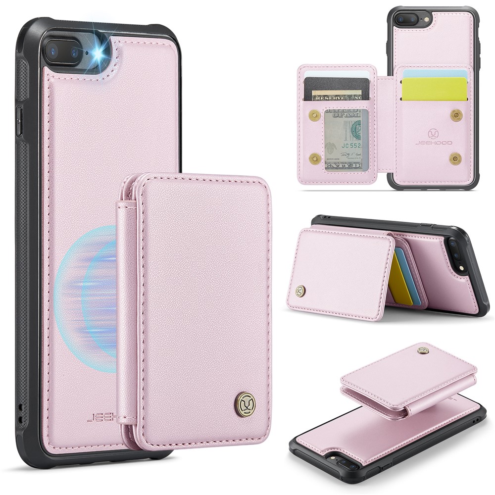 JEEHOOD J05 For iPhone 6 Plus / 7 Plus / 8 Plus / 6s Plus 5.5-inch Case Leather Mobile Cover with Detachable Magnetic Card Bag - Pink