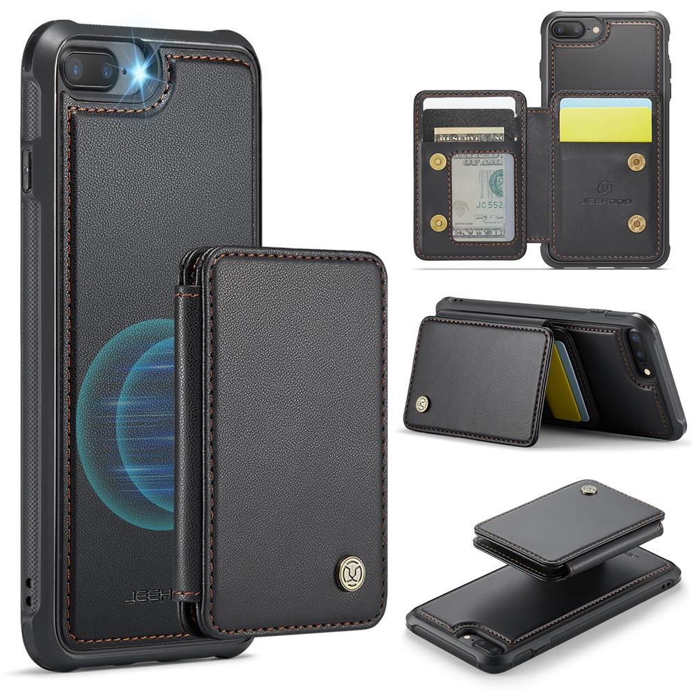 JEEHOOD J05 For iPhone 6 Plus / 7 Plus / 8 Plus / 6s Plus 5.5-inch Case Leather Mobile Cover with Detachable Magnetic Card Bag - Black