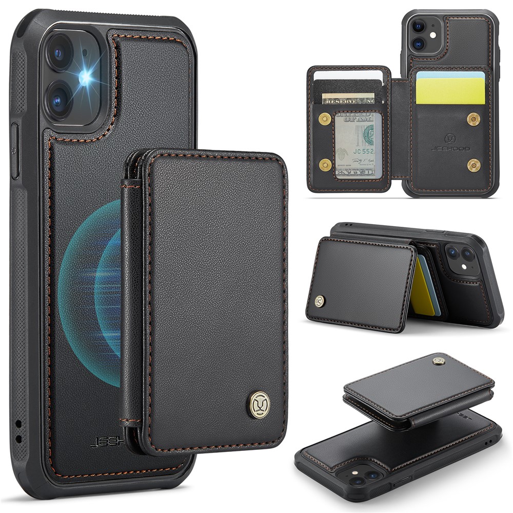 JEEHOOD J05 For iPhone 11 Case Leather Mobile Cover with Detachable Magnetic Card Bag - Black