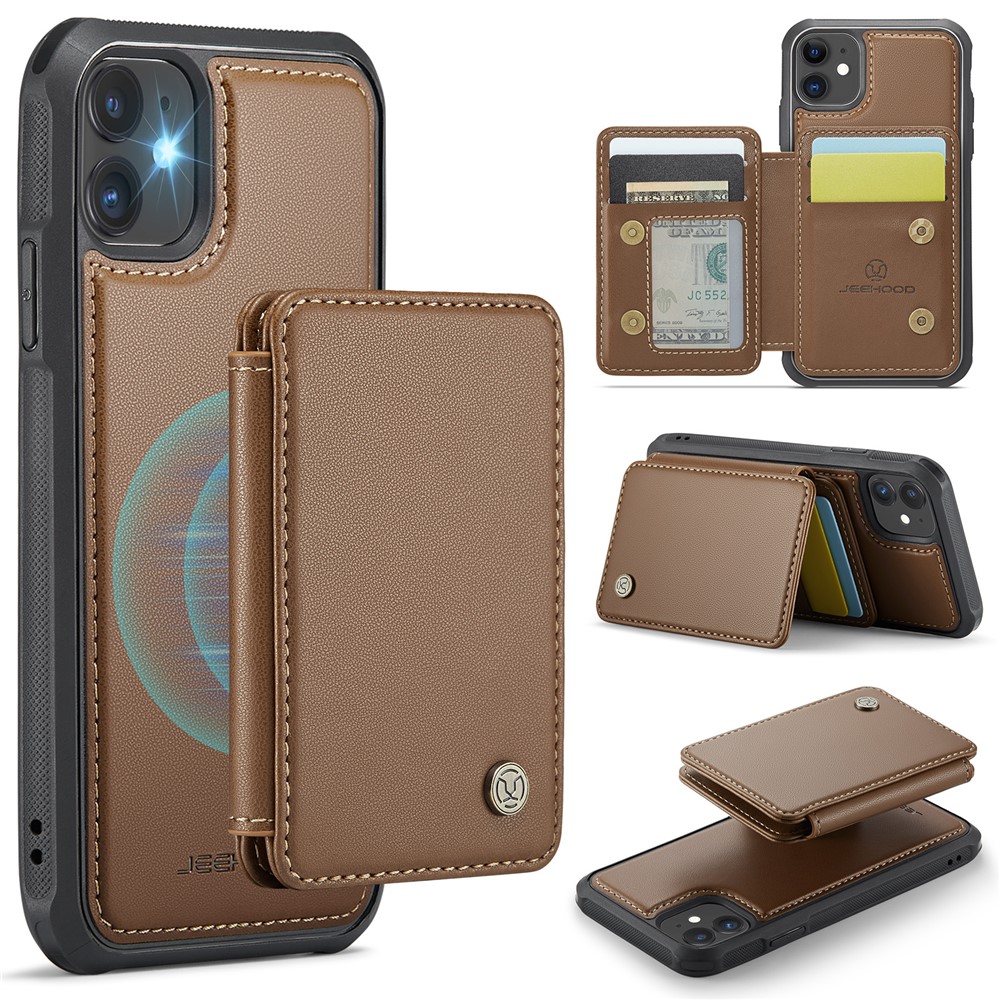 JEEHOOD J05 For iPhone 11 Case Leather Mobile Cover with Detachable Magnetic Card Bag - Brown
