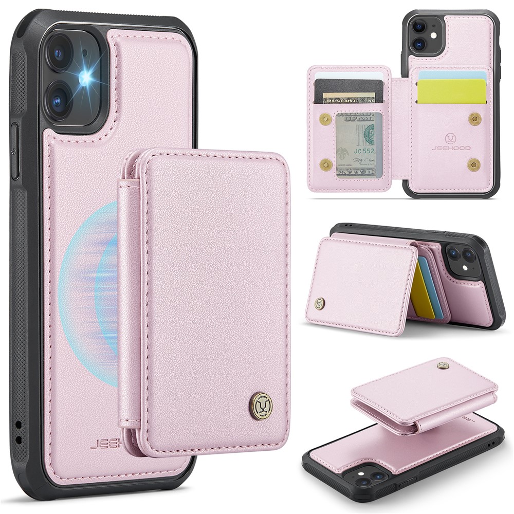 JEEHOOD J05 For iPhone 11 Case Leather Mobile Cover with Detachable Magnetic Card Bag - Pink