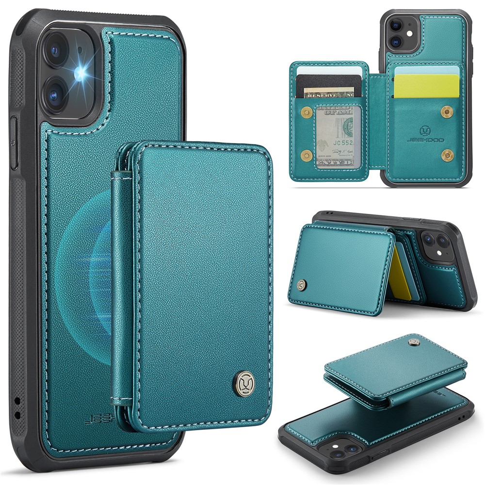 JEEHOOD J05 For iPhone 11 Case Leather Mobile Cover with Detachable Magnetic Card Bag - Cyan