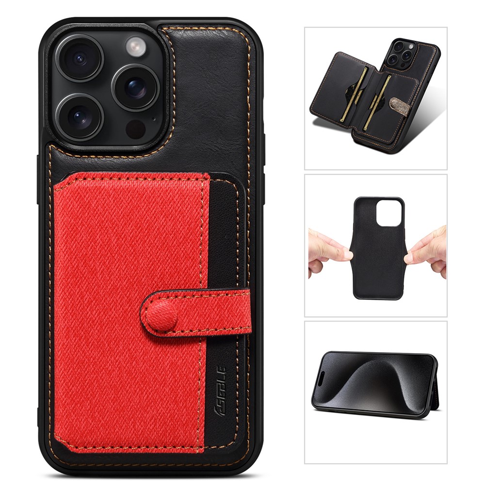 ESEBLE For iPhone 14 Pro Case Kickstand PU Leather Back Shell with Card Slots Color Splicing - Red