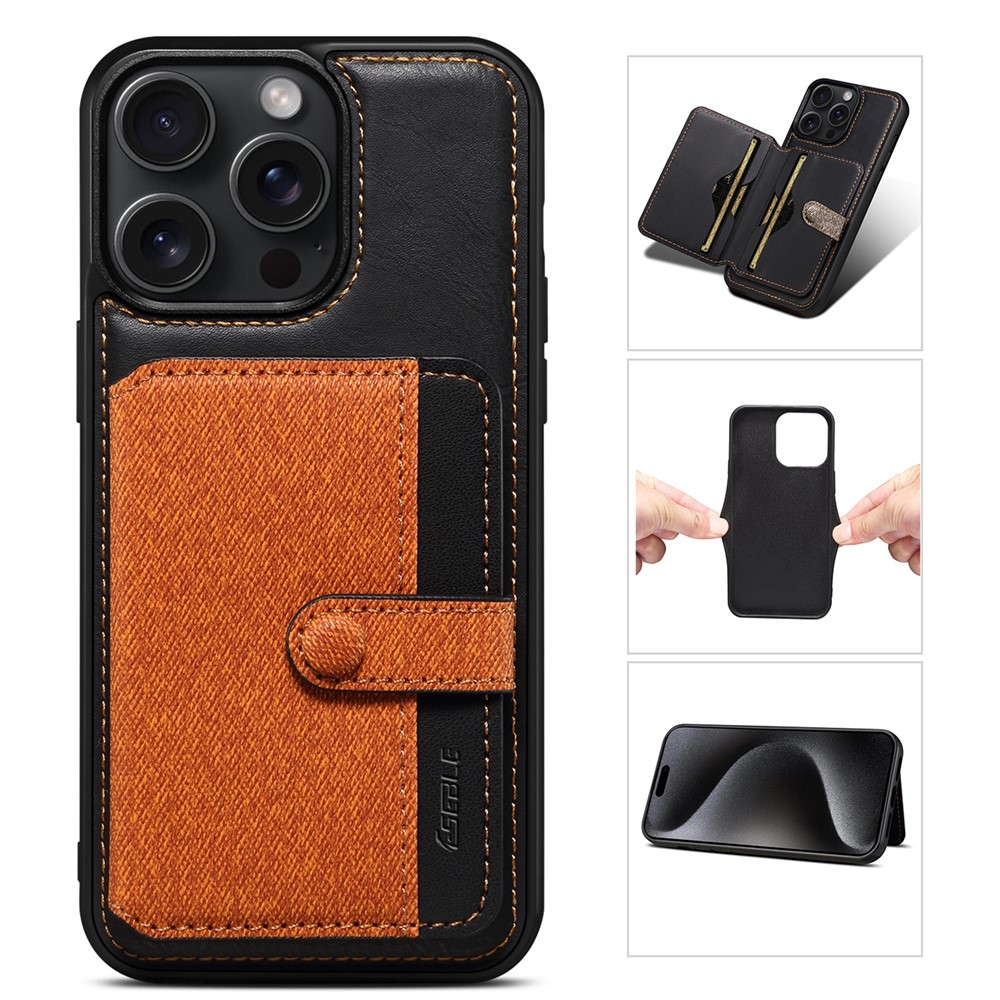 ESEBLE For iPhone 14 Pro Case Kickstand PU Leather Back Shell with Card Slots Color Splicing - Brown
